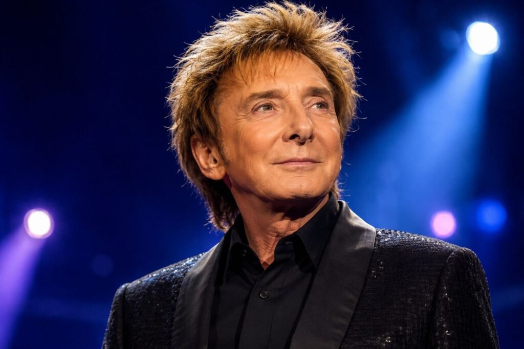 Barry Manilow standing under blue stage lights during a live concert, wearing a black sparkling jacket with a calm, confident expression.