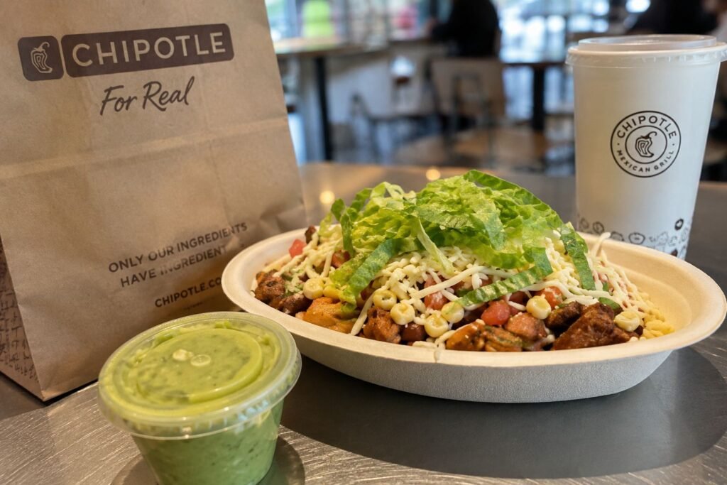 Chipotle burrito bowl with fresh toppings, guacamole, drink and Chipotle bag on a restaurant table in Chipotle BOGO