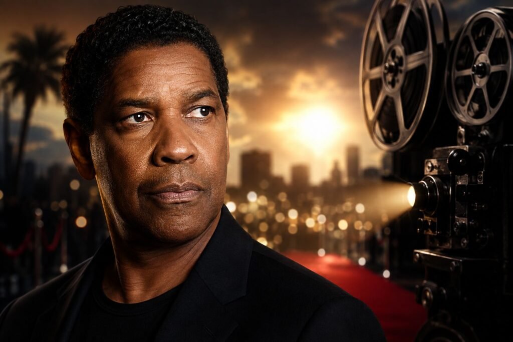 Denzel Washington portrait with a vintage film camera and Hollywood backdrop.