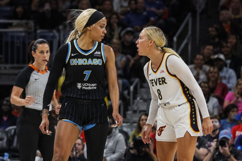 DiJonai Carrington and Sophie Cunningham face off during a tense WNBA game