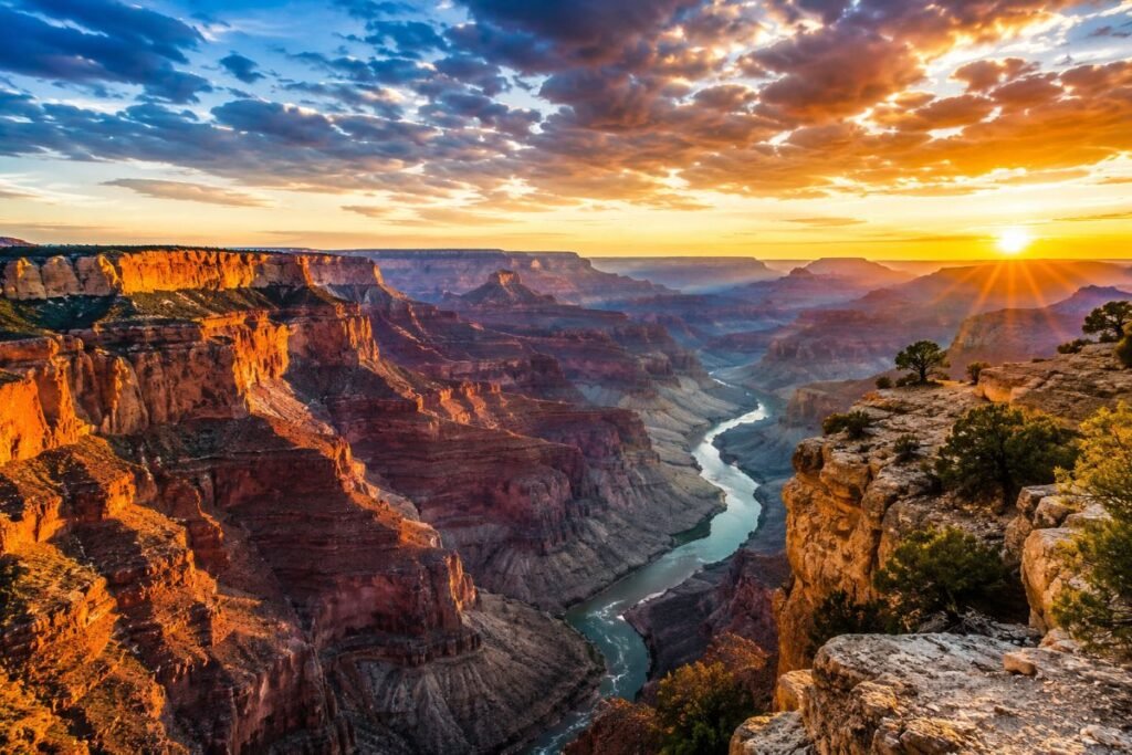 Grand Canyon National Park at sunset with colorful cliffs and the Colorado River.