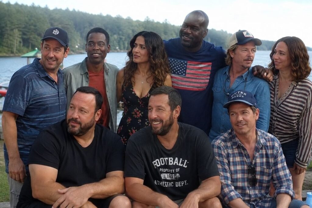 Grown Ups 3 inspired cast style group photo by a lakeside, showing friends reunited outdoors during a sunny summer day.