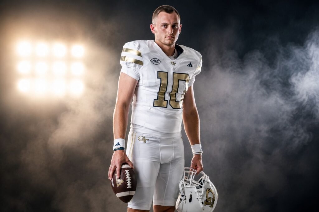 Haynes King Delivers Stunning Walk-Off Win in Panthers Debut After Hall of Fame Game Heroics Haynes King poses in his Georgia Tech football uniform holding a football and helmet under dramatic stadium lights before the 2026 NFL season.