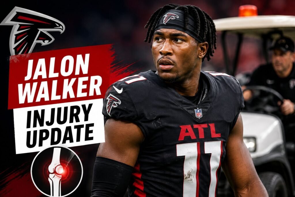 Jalon Walker Injury Update: Falcons Await MRI Results After Carted Off in Flowery Branch Jalon Walker during Falcons training camp with an injury update graphic.