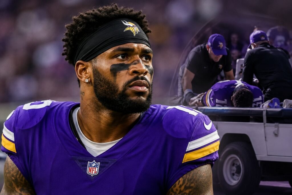 Jamal Adams: Injury Update, Vikings Role, Career Stats, and Outlook Jamal Adams in a Minnesota Vikings uniform with an injured player being assisted on a medical cart in the background.