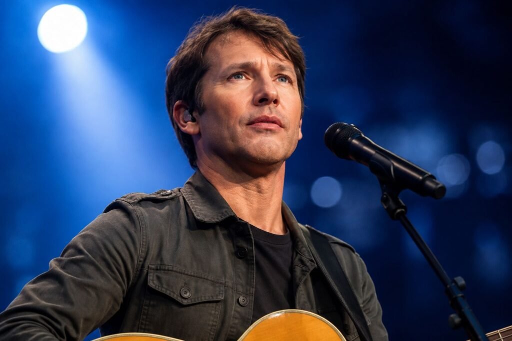 James Blunt performing with an acoustic guitar under blue concert lights