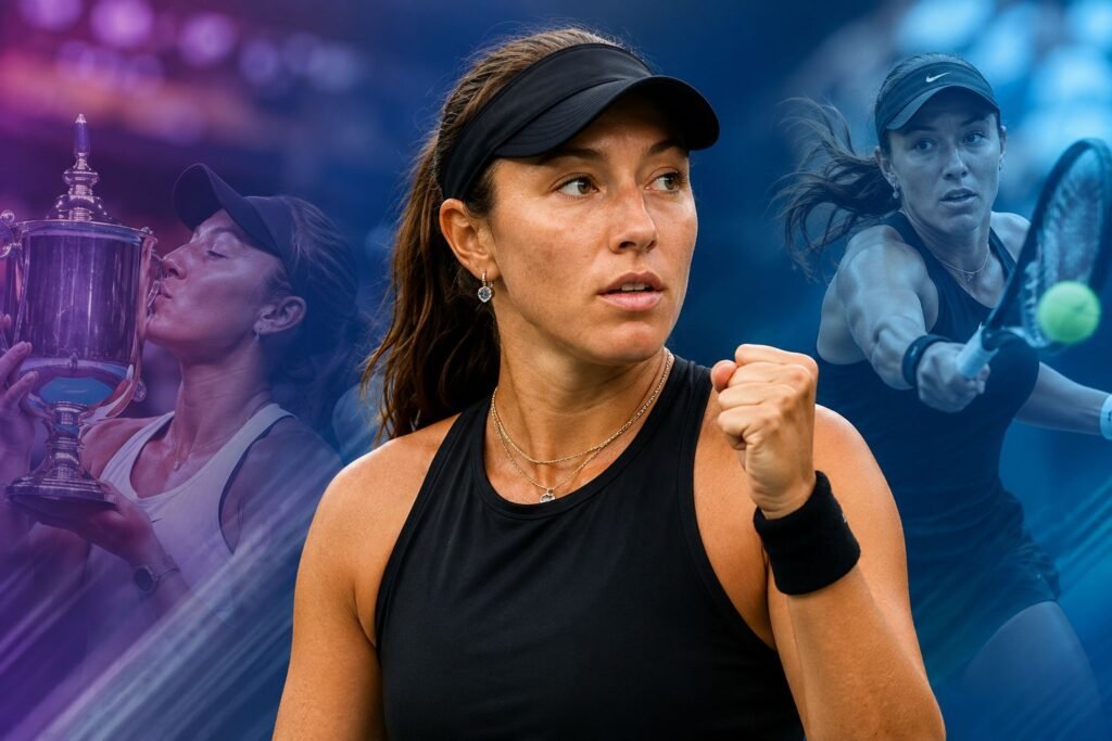Jessica Pegula celebrates during a tennis match with trophy and action shots highlighting her successful 2026 WTA season.