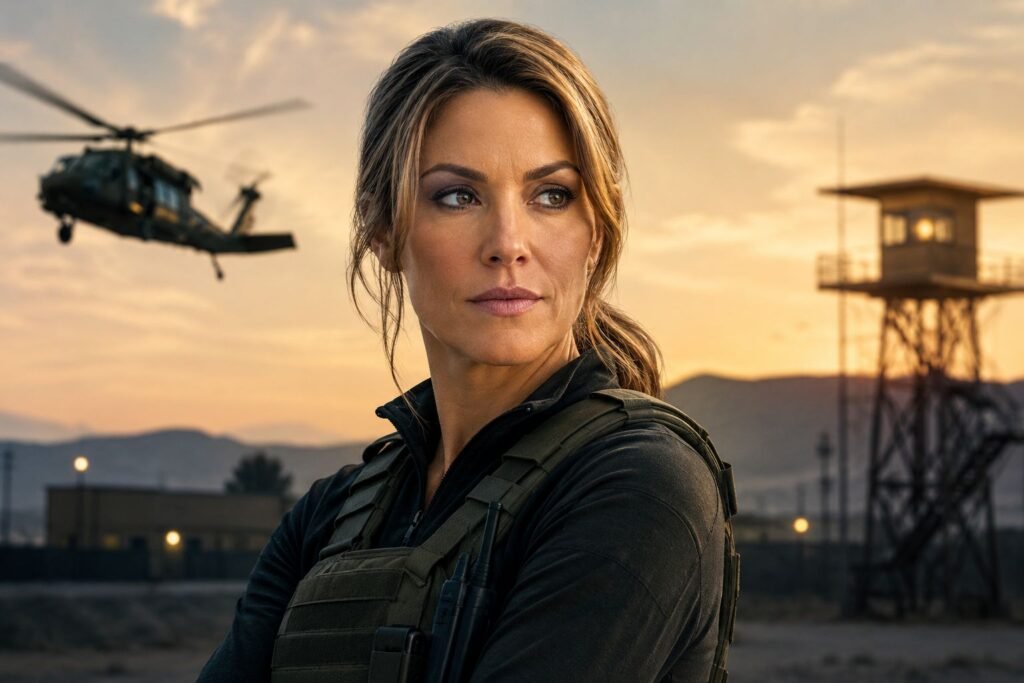 Jill Wagner: From Wipeout Host to Lioness Star and Producer Jill Wagner in tactical gear standing at a military airfield with a helicopter in the background