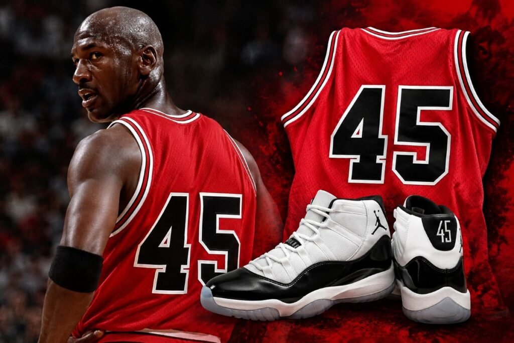 Jordan 45: Why Michael Jordan Wore It, and the Truth About the Shoe Michael Jordan in a red No. 45 jersey with Jordan 45 sneakers.