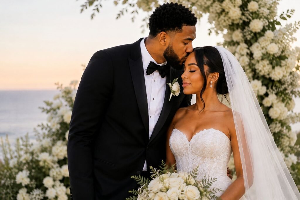 Jordyn Woods and Karl-Anthony Towns embrace during their outdoor wedding ceremony in Malibu.