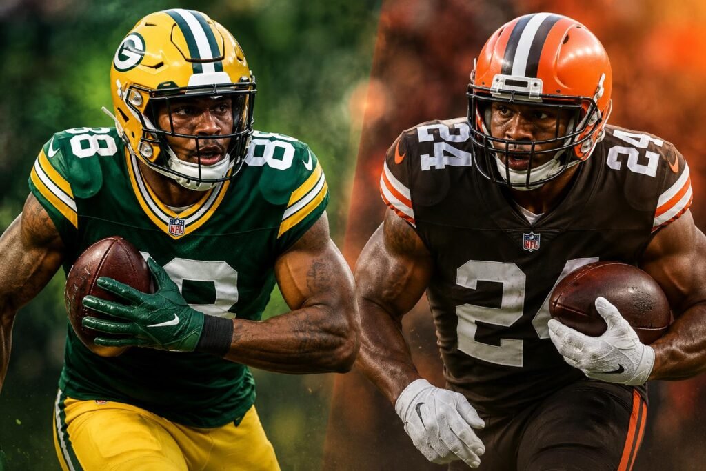 Josh Jacobs vs Nick Chubb: Career Stats, Efficiency, and 2026 Outlook Compared Josh Jacobs vs Nick Chubb running with footballs in Packers and Browns uniforms during a dramatic NFL-style stadium scene.