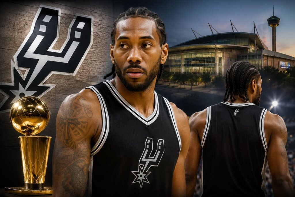 Kawhi Leonard in a San Antonio Spurs jersey with the Spurs logo, championship trophy and arena in the background.