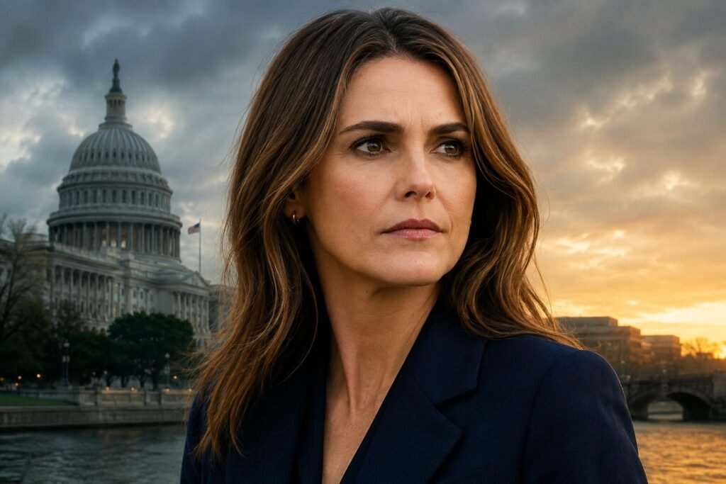 Keri Russell portrayed in a dramatic political setting with the U.S. Capitol behind her.