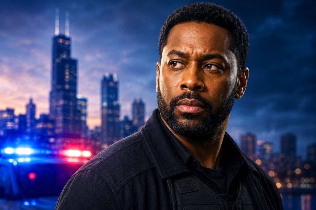 LaRoyce Hawkins in a dramatic portrait with the Chicago skyline and police lights in the background