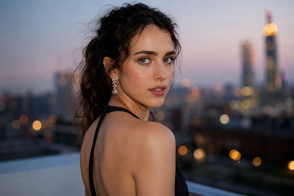 Margaret Qualley inspired portrait at sunset on a city rooftop