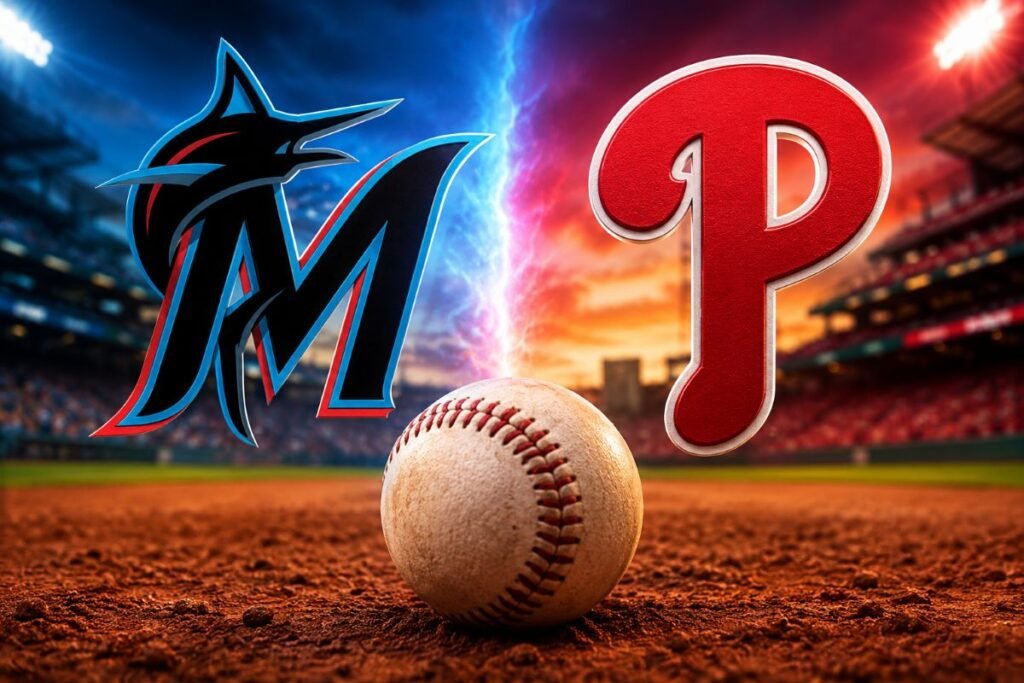 Miami Marlins and Philadelphia Phillies logos facing off on a baseball field with a baseball in the foreground