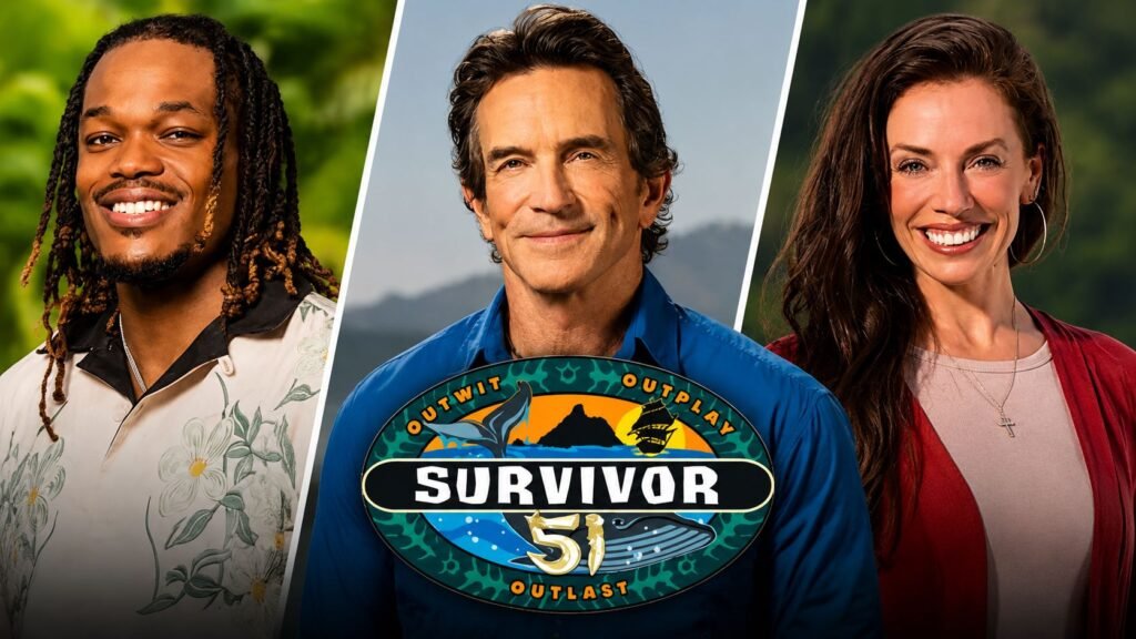 Survivor 51 Cast thumbnail featuring three cast members with the Survivor 51 logo