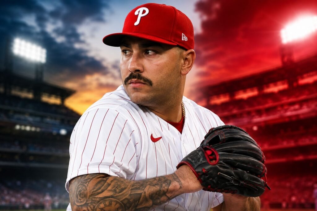 Nestor Cortes in a Philadelphia Phillies uniform and red cap preparing to pitch at a baseball stadium