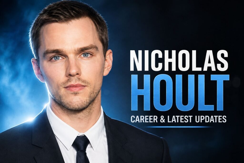 Nicholas Hoult Recast in HBO Harry Potter: Upcoming Roles & Movies Nicholas Hoult in a dark suit with “Nicholas Hoult” text on a cinematic blue background.