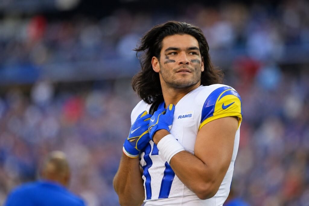 Puka Nacua in a Los Angeles Rams jersey on the field.