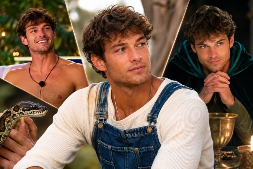 Rob Rausch in denim overalls with a snake, featuring scenes inspired by Love Island USA and The Traitors in a cinematic portrait.