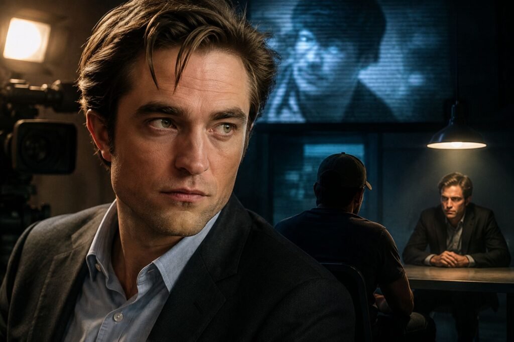 Primetime: Robert Pattinson as Chris Hansen sits in a dim interrogation room while a shadowy suspect and television camera create a tense true crime atmosphere.