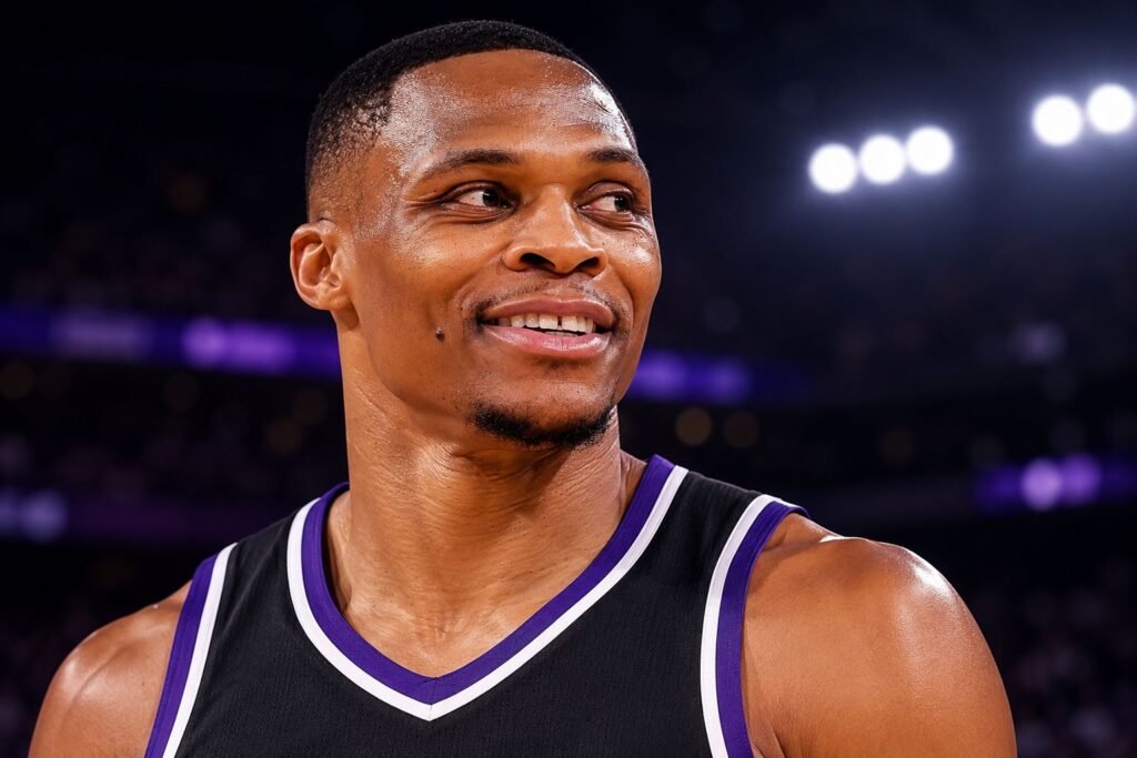 Russell Westbrook Retires After 18-Season NBA Career Russell Westbrook smiling during a basketball game under arena lights.