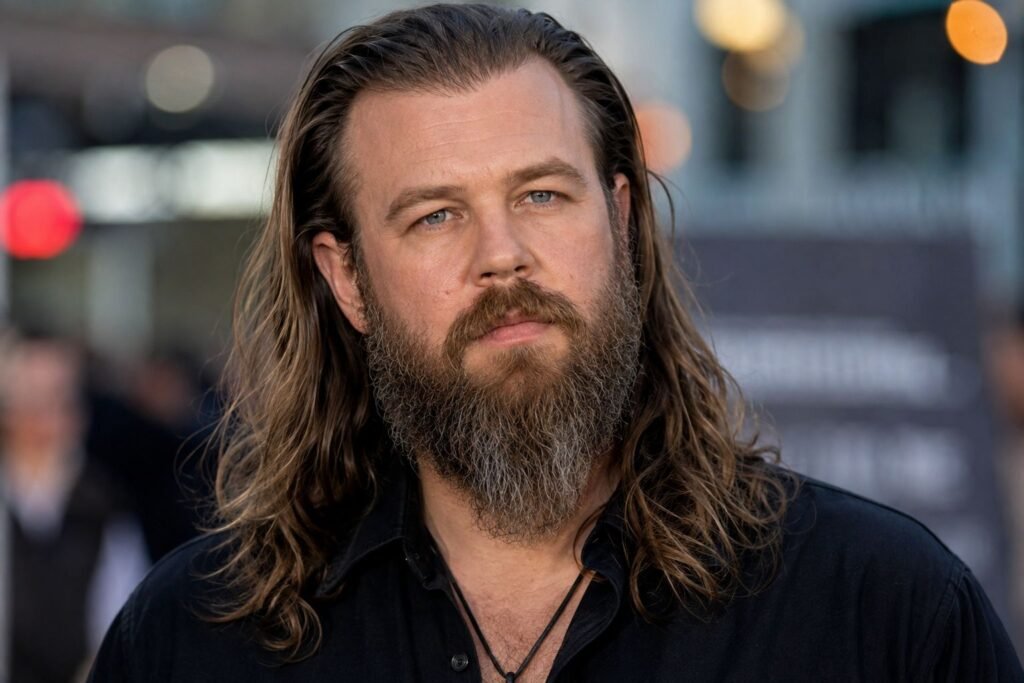 Ryan Hurst portrait with long hair and beard wearing a black shirt