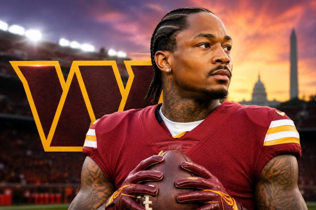 Stefon Diggs Signs With Commanders: Contract & Offense Impact Stefon Diggs in a Washington Commanders uniform holding a football, with a stadium, team logo, and Washington, D.C. skyline at sunset in the background.
