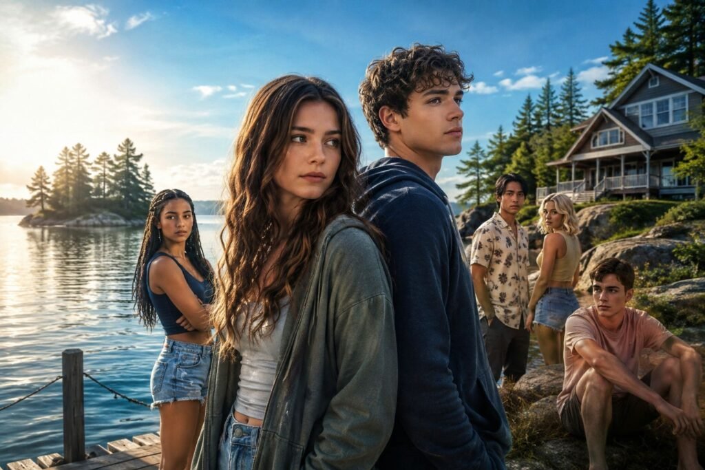 Sterling Point cast gathered beside a scenic Canadian lake.