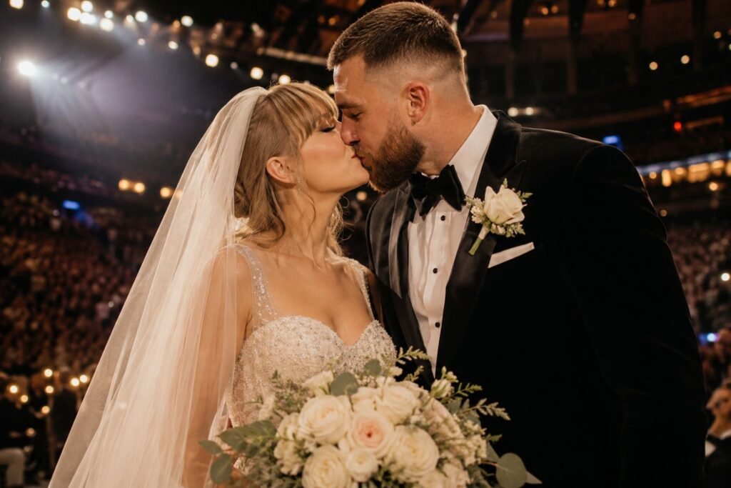 Taylor Swift and Travis Kelce Wedding: Inside the Madison Square Garden Ceremony, Vows, and Married Life Taylor Swift and Travis Kelce inspired wedding couple kissing in a grand arena