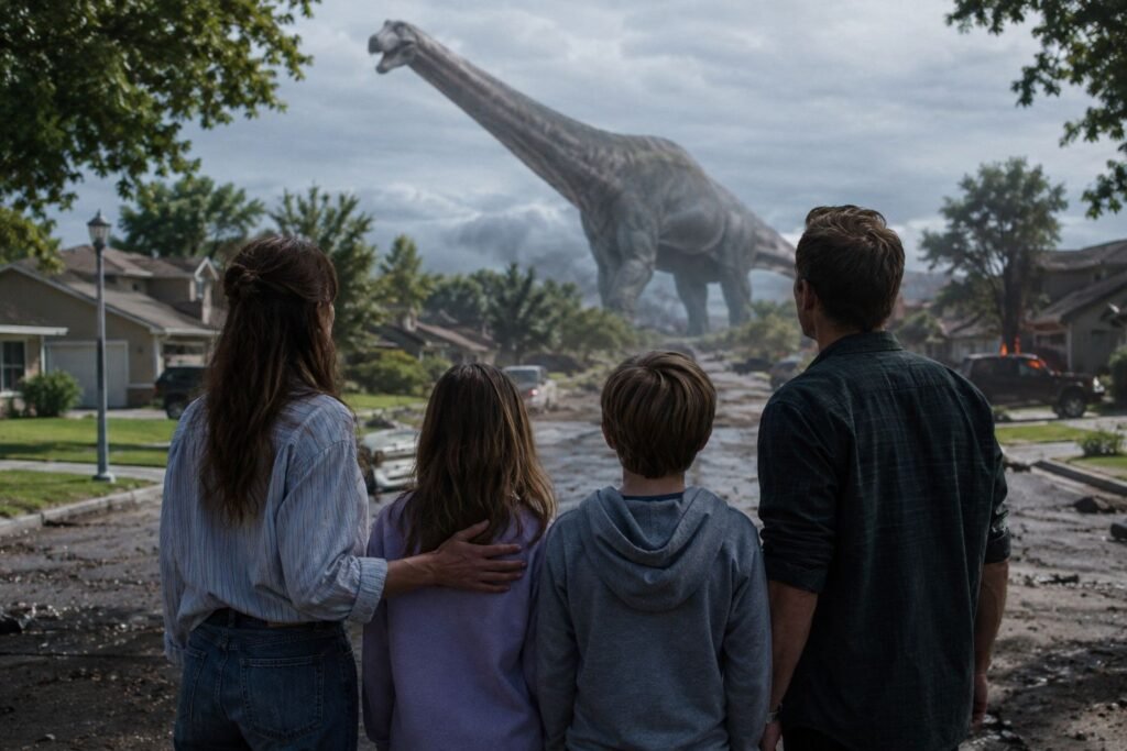 The End of Oak Street: Family watching a giant dinosaur appear on a suburban street.