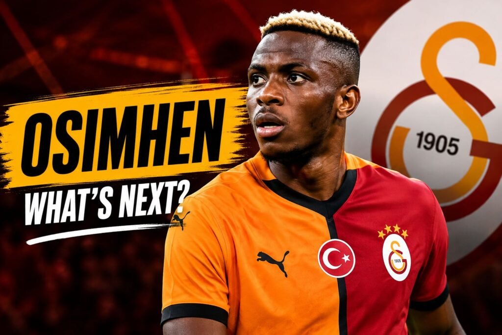 Victor Osimhen Transfer Status, Career Stats, and Tottenham Pursuit Victor Osimhen in a Galatasaray jersey with a bold "What's Next?" headline and club-themed background.