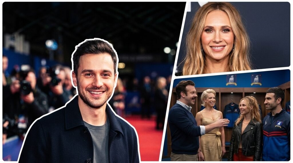 Who Is Michal Szymanski? Inside His Career and Marriage to Juno Temple Michal Szymanski Three-panel collage featuring a smiling man in a dark jacket, actress Juno Temple, and a scene from Ted Lasso.