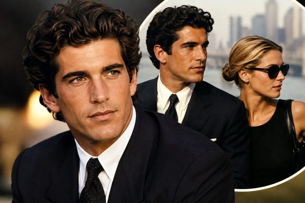 Paul Anthony Kelly in a tailored dark suit alongside Carolyn Bessette in a stylish portrait inspired by Love Story: John F. Kennedy Jr. & Carolyn Bessette, highlighting the actor's breakout role.