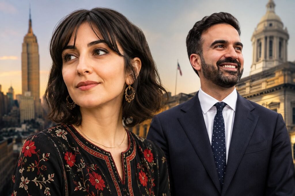 Rama Duwaji and Zohran Mamdani pictured together against a New York City skyline