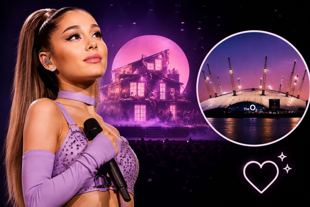Why Ariana Grande is Stepping Away From Public Life After the Eternal Sunshine Tour Ariana Grande during the Eternal Sunshine Tour with London's O2 Arena in the background.