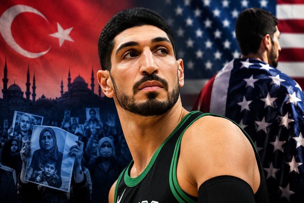 Enes Kanter Freedom in an editorial style portrait symbolizing his NBA career, U.S. citizenship, and human rights activism.