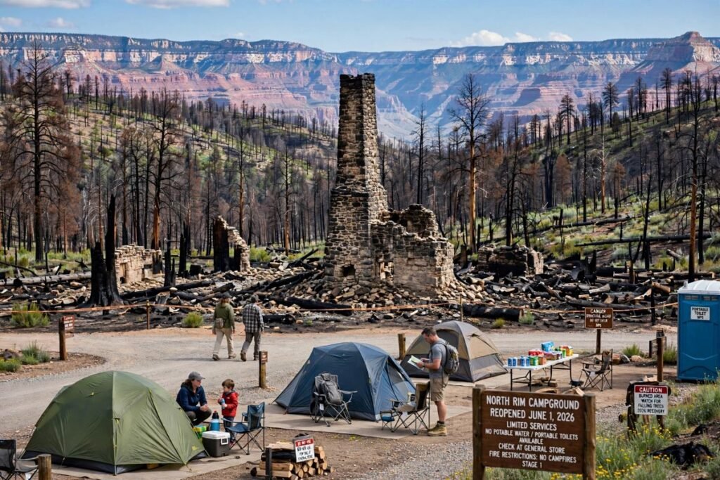 Alt Text:
Grand Canyon North Rim Campground reopened June 1 2026 with tents camping near ruins of historic Grand Canyon Lodge stone chimney destroyed by Dragon Bravo Fire 2025 showing burned forest recovery