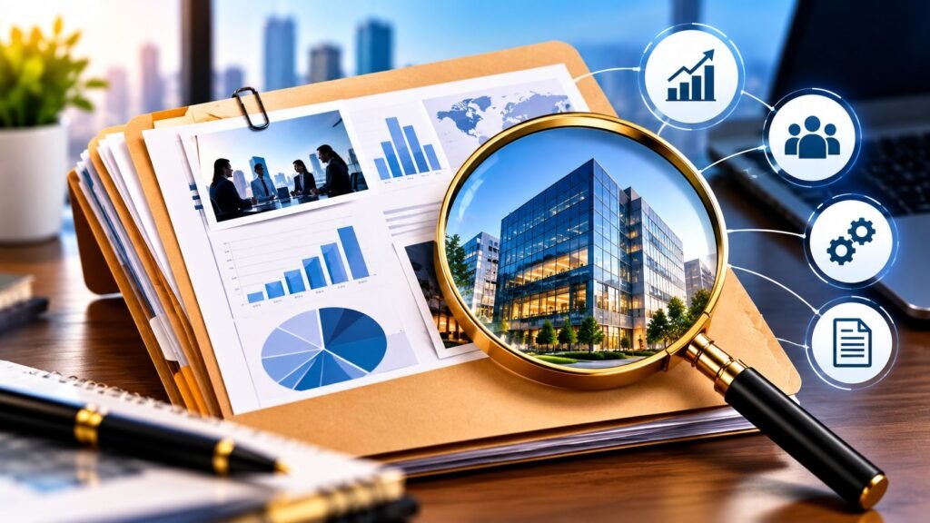 Research Dossier for a Target Company: How to Build One in 2026 (Step-by-Step Guide) Research dossier for target company featuring business documents, financial charts, a company headquarters, and a magnifying glass.