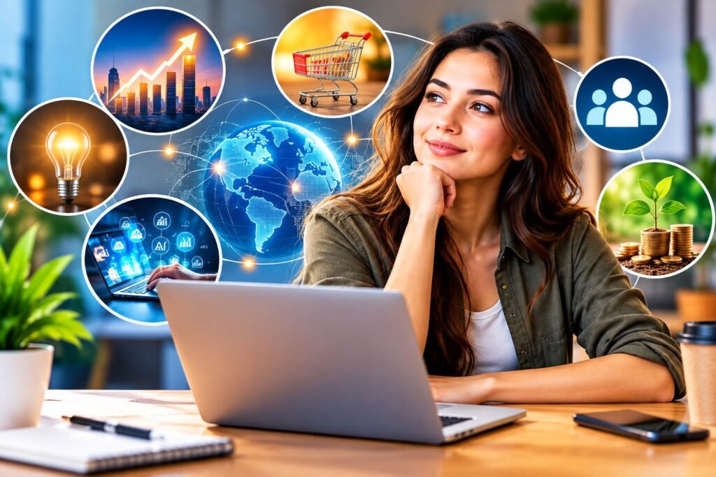 SosoActive Woman working on a laptop surrounded by business, technology, e-commerce, and growth visuals