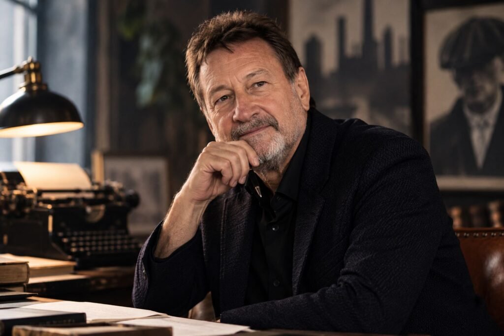 Steven Knight in 2026: Peaky Blinders, Bond 26, House of Guinness & Oasis Doc Steven Knight seated at a writing desk, holding a pen, with a typewriter and books in a warmly lit studio.